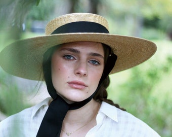 Wide Brimmed Natural Straw Boater Hat with a long chin strap ribbon Amal