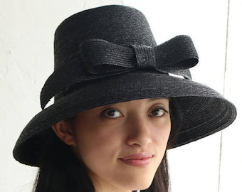 Ribbon Straw Hat Greta Black,  hat w a bow 50s 60s  Derby day Racing Hat Audrey style