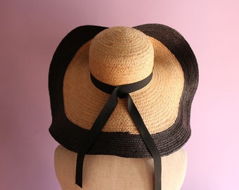 Two Tone Natural Raffia Vacation wide-brimmed straw Hat Olivia