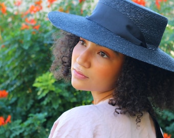 Wide Brimmed Black Straw Boater Hat with long chin strap ribbon Amal Black Derby Hat Melbourne Cup