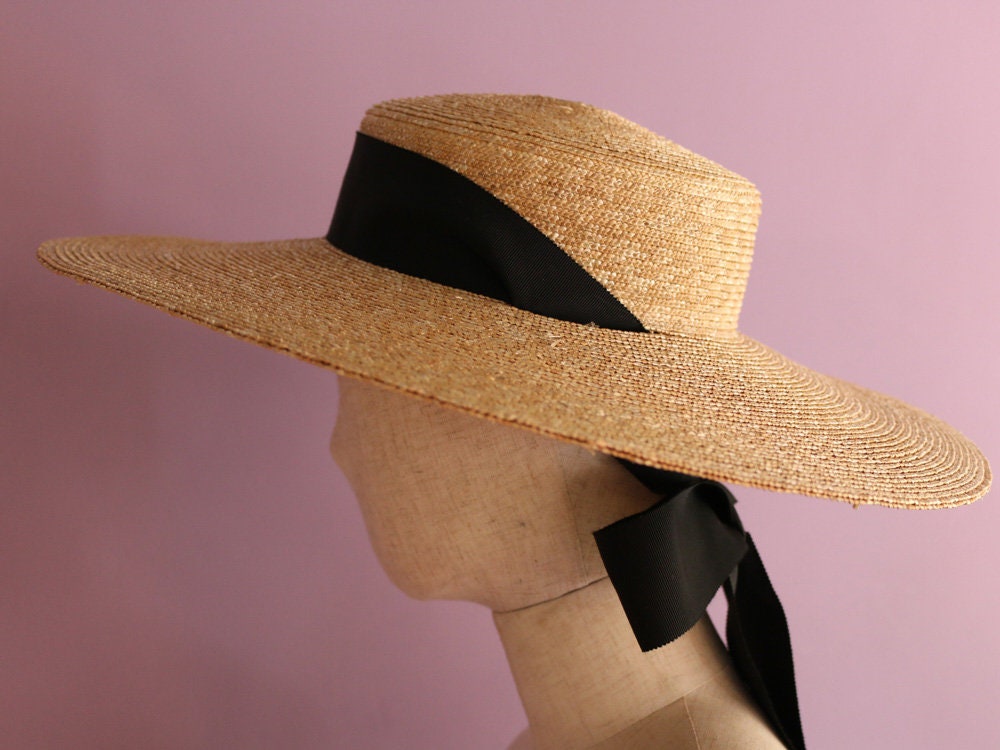 BIGALLI Straw Boater Hat – Size Medium – Wide Brim with Black Ribbon & Back Bow s-l1200.jpg main image 2