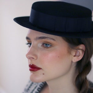 Ready to ship Black Wool Felt short-brimmed Boater Hat Vivien, Black felt hat, shallow boater, black canotier