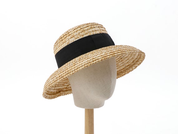Woven *NEW* Straw Hat with Black Grossgrain Ribbon in Excellent Condition- Small NWT Vintage Straw Hat Black Grosgrain Ribbon Turn Up Rim | eBay main image 2