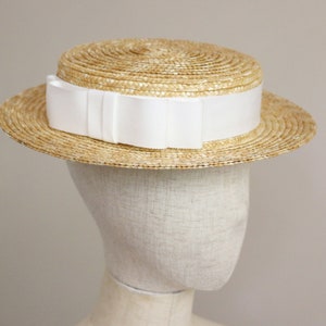 Shallow Straw Boater Hat Vivien White Ribbon