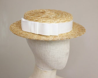 Flat Top Straw Boater Hat, White Ribbon, Garden Wedding Summer Vacation