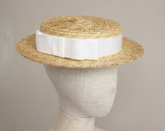 Shallow Straw Boater Hat Vivien White Ribbon