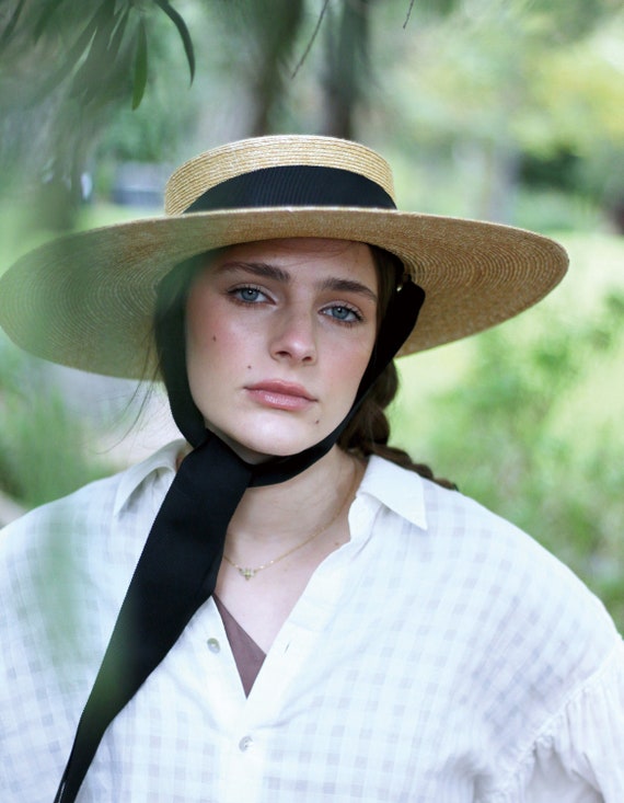 Wide Brimmed Natural Straw Boater Hat With a Long Chin Strap Ribbon Amal 