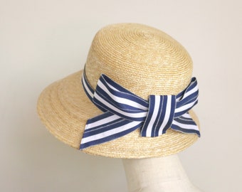 Wide Brimmed Straw Hat Cecil Stripe back ribbon bonnet style classic straw hat