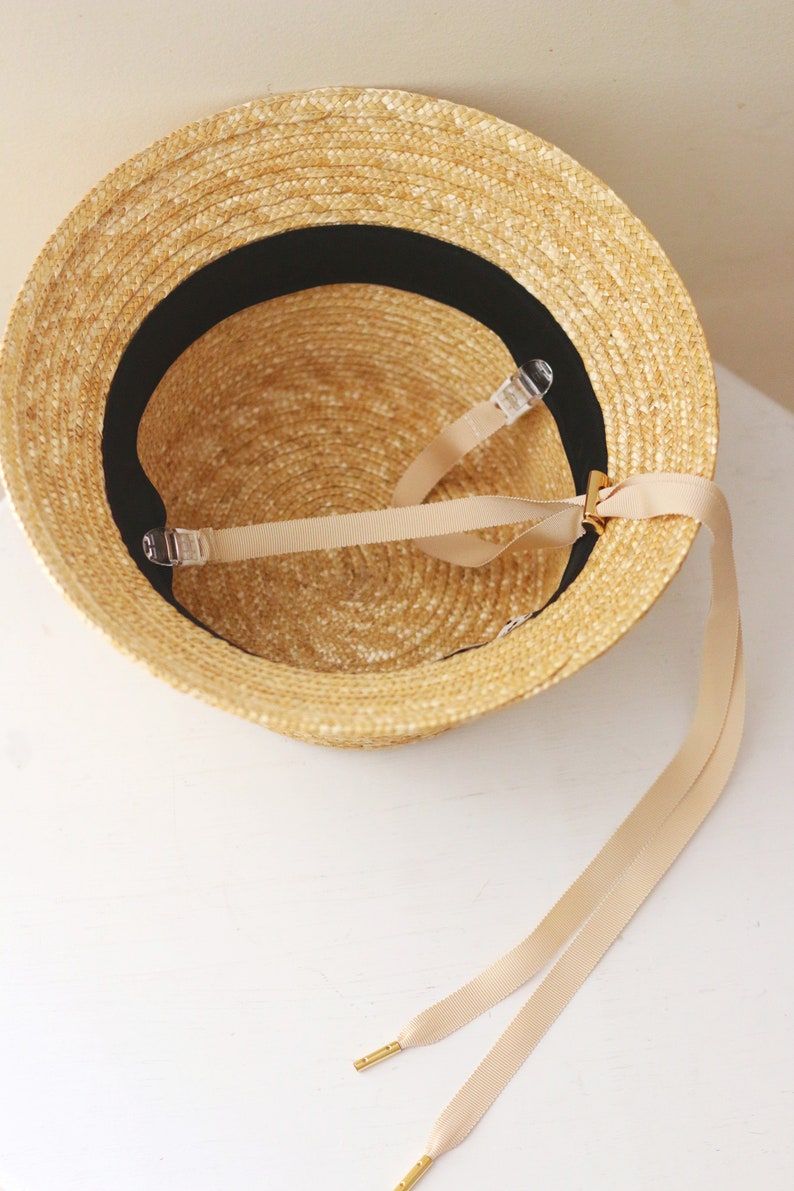 Grosgrain detachable chin strap ribbons with clips for a hat in beige