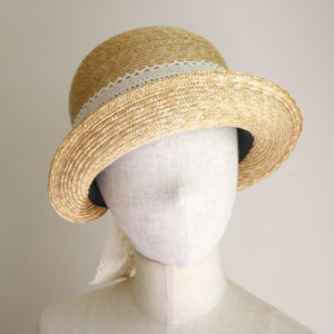 A straw hat with a wide brim and a white lace ribbon. The hat is beige and the ribbon is white. Made by Grosgrain