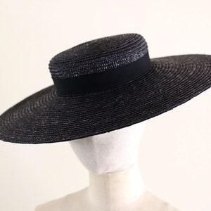 Black Straw Wide Flat Brimmed Boater Hat "Kate Black", authentic straw hat, flat top hat, Royal Ascot