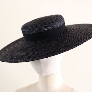 Ready to ship Black Straw Wide Brimmed Boater Saucer Hat Kate Black Royal Ascot Melbourne Cup
