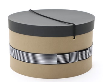 Grosgrain Paper Round Hat Box with a strap 45cm diameter, 35cm diameter,  20cm height/ ethically made with recycled paper