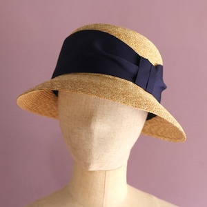Small-brimmed Natural Straw Cloche Hat Marie Navy, short-brimmed hat, summer women straw hat