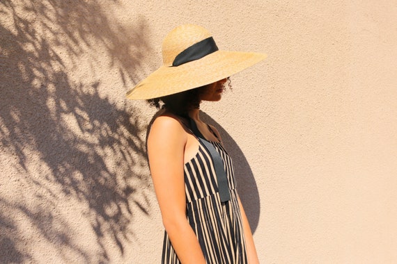 Classic Straw Sun Hat with Black Chin Tie - Natural Classic Straw Flat Top Gambler Sun Hat w/ Black Vegan  main image 3