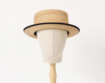 Ready to ship Short brim natural straw boater hat with black piping Berty