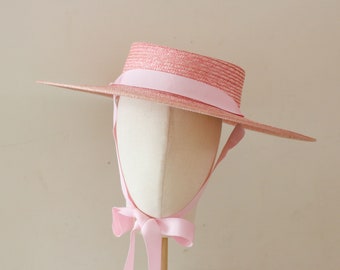 VENTA Sombrero canotier rosa, sombrero de verano rosa con cintas de correa para la barbilla, canotier rosa de ala ancha, canotier de ala ancha