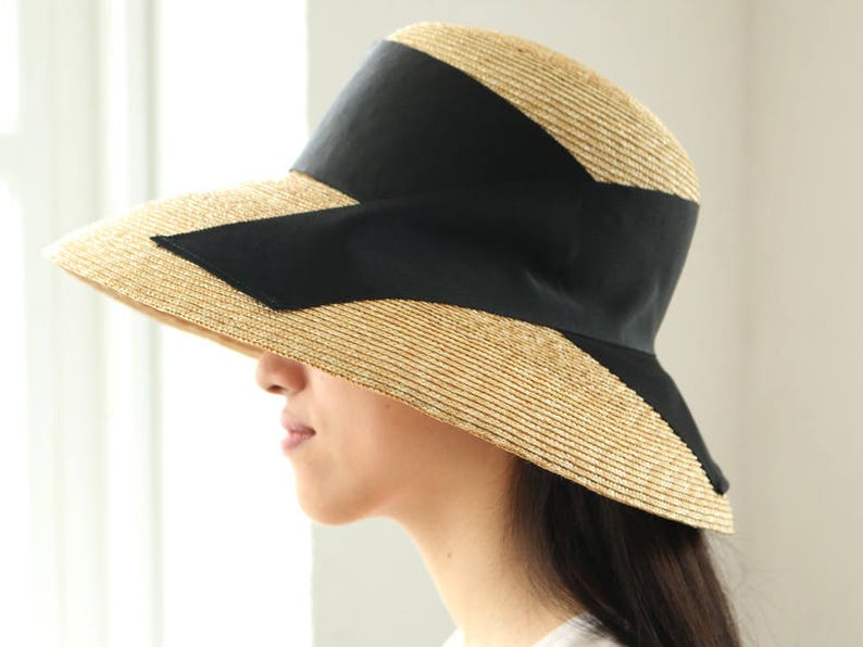 Grosgrain Down turned brim straw hat, Audrey Hepburn Hat