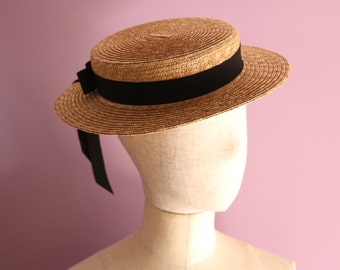 Shallow Short-brimmed Natural Straw Boater Hat Vivien