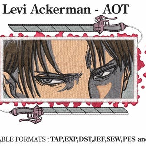 Op de afbeelding: Gestikt patch met een close-up van Levi Ackermans gezicht uit de anime Attack on Titan. De patch is omringd door een rood splatterontwerp en de tekst "Levi Ackerman - AOT".