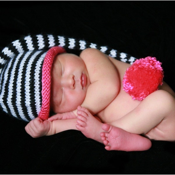 Pixie Style Hot Pink White and Black Striped Newborn Baby Stocking Cap Munchkin Hat Hand Knit Photo Shoot Prop