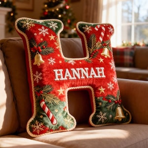 Personalized Christmas Letter Pillow,Custom 3D Initial Christmas Throw Pillow,Candy Cane and Bell Graphic Pillow with Name,Christmas Gift