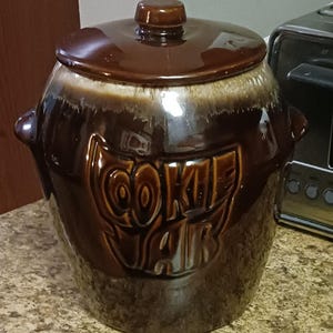 Pode incluir: Um pote de biscoitos de cerâmica envidraçada marrom com as palavras "Cookie Jar" em relevo na frente.