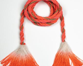 Japanese Silk Obijime Belt, Hand Weaved Gold Cora belt, Vintage Cord with Tassels