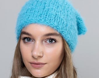 Hand-Knit Merino Wool Headband: Turquoise Blue Neck Warmer, Triangle Headscarf