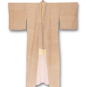 Vintage Japanese Silk Crepe Kimono Robe: Beige Geometric Komon