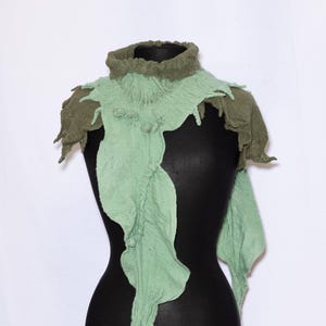 Handmade Merino Wool Felted Scarf: Green Asymmetrical Design