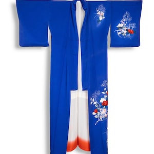 Vintage Japanese Silk Irotomesode Kimono: Navy Blue Robe with Flowers