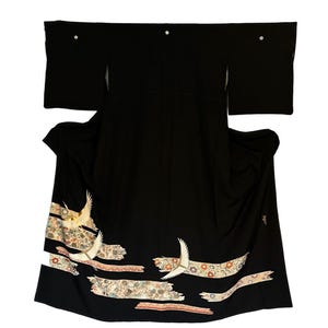 Black Japanese Kimono Vintage, Authentic Silk Kimono with Gold Tancho Cranes, Good luck symbols, Rare Kurotomesode Kimono Silk with Lining