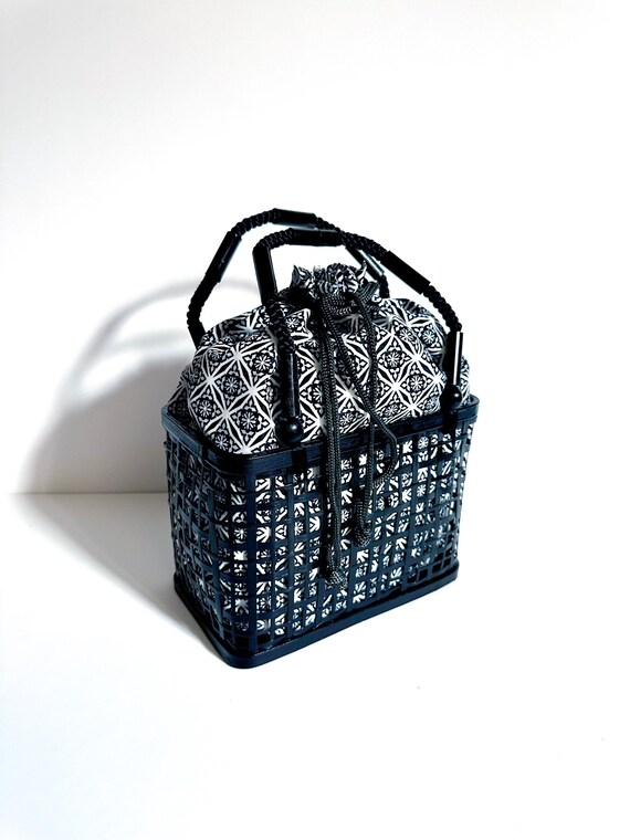Japanese Bamboo Black Straw Bag with handles and Kimono Fabric Drawstring Insert Vintage