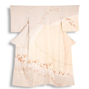 Vintage Japanese Silk Kimono, Beige Gradient Robe with Floral Pattern, Boho Long Duster Kimono