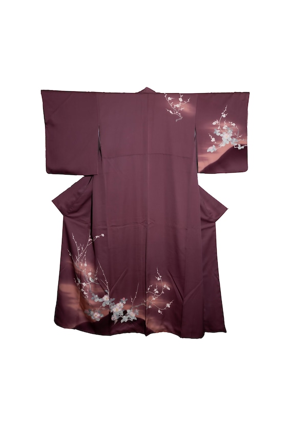 Vintage Japanese Kimono Plum Purple Floral Silk Kimono, Cherry Blossom Kimono, Traditional Japan Robe, Collectible Kimono