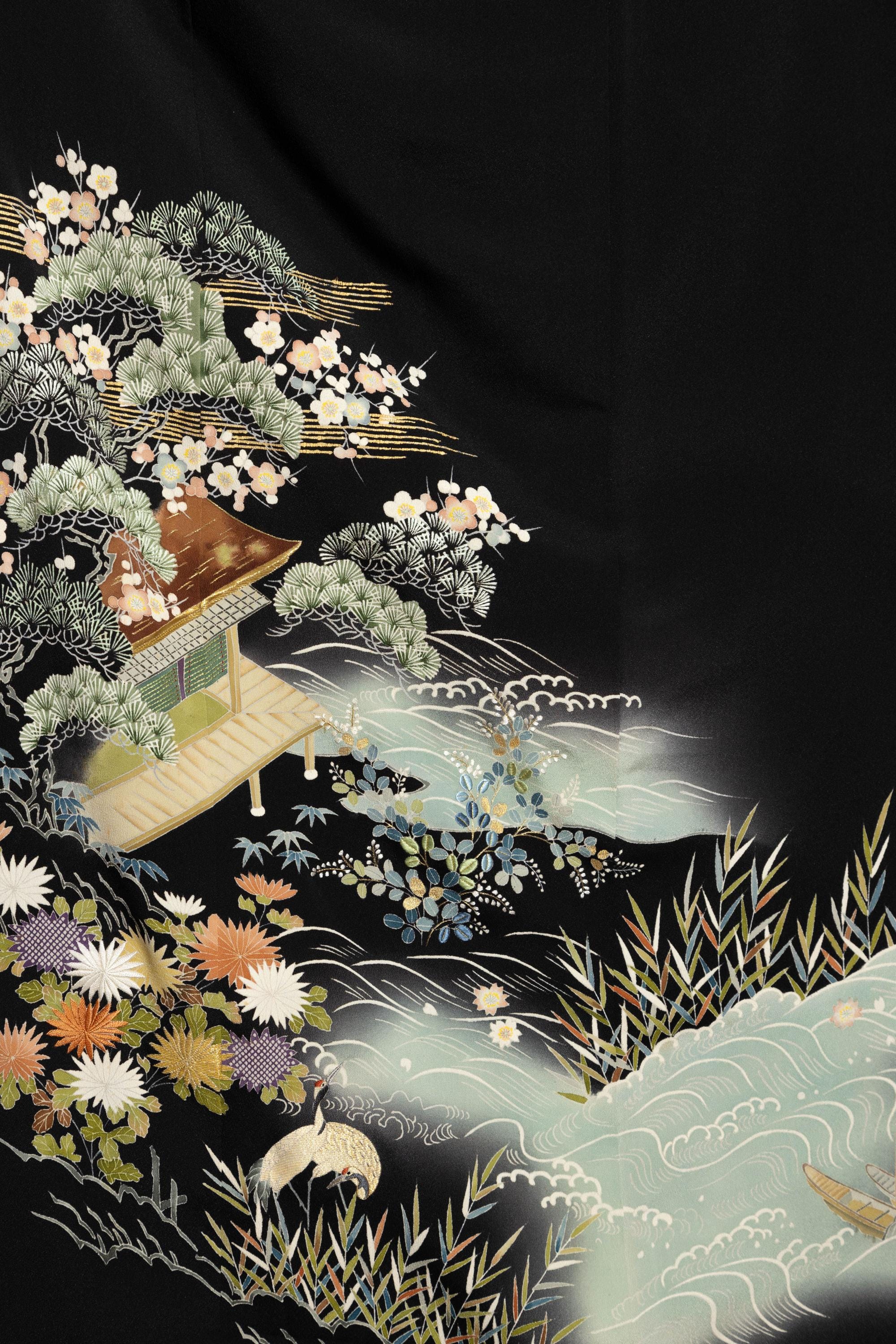 Black Japanese Kimono Vintage, Authentic Silk Kimono in With Black Japanese Kimono Vintage, Authentic Silk Kimono in With