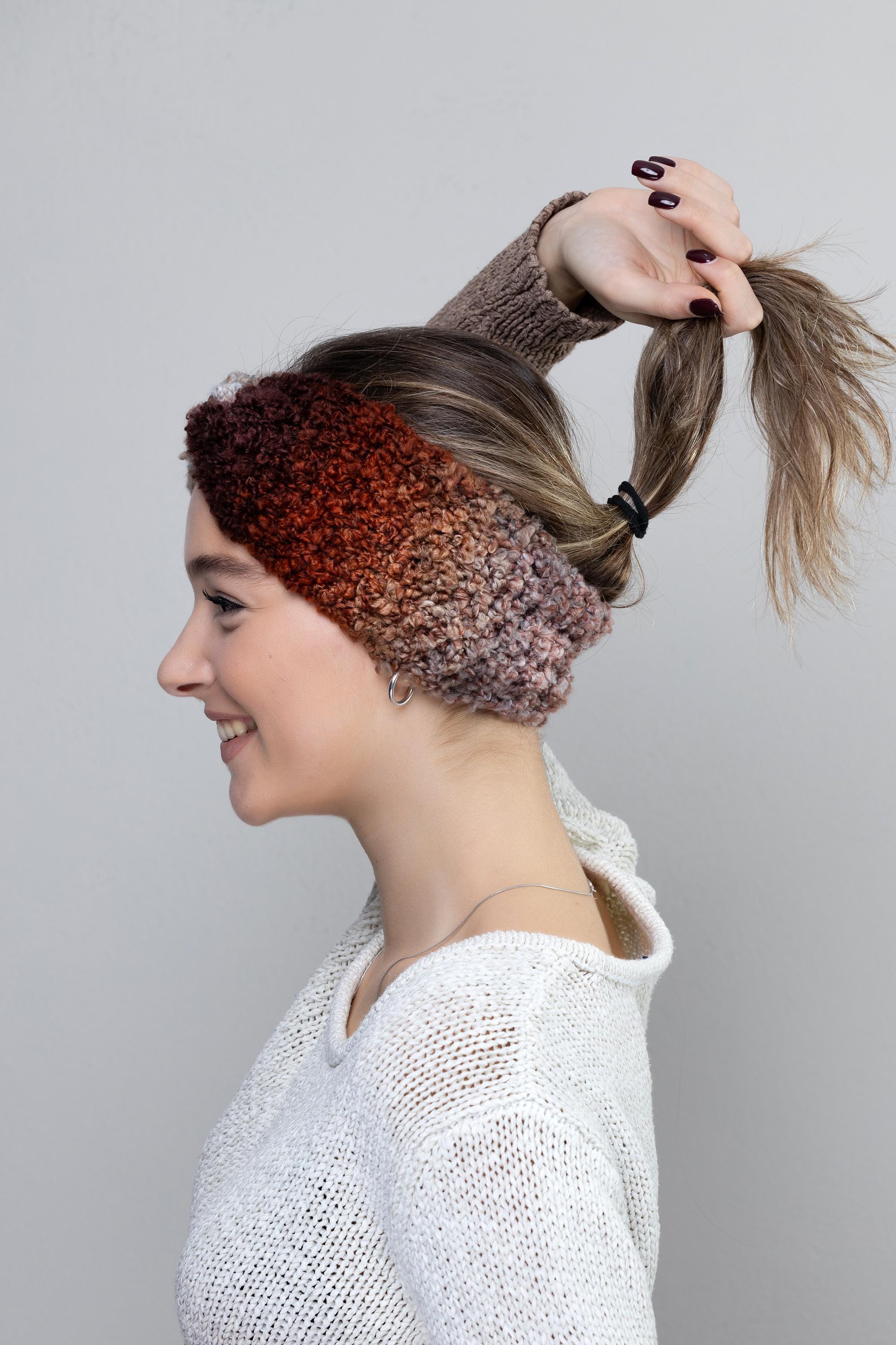 Hand-knit Wool Turban Headband: Brown Ombre Twisted Headband 