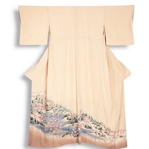 Vintage Japanese Silk Kimono, Beige Irotomesode Landscape Pattern, Formal Wedding Guest Robe Gown