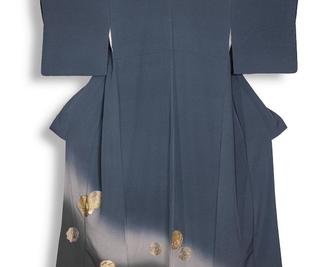 Vintage Formal Japanese Kimono Robe Blue Grey Silk Ombre Gold Foil ...