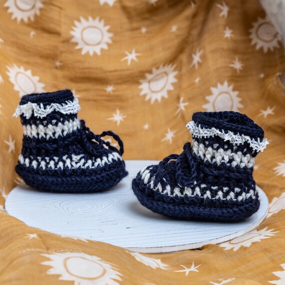 Knit Baby Boots Navy Blue With Lace, Baby Shower Gift, Newborn