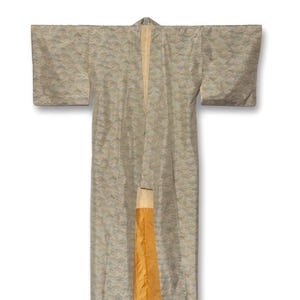 Vintage Japanese Silk Kimono Robe: Gold Geometric Satin, Yellow Lining