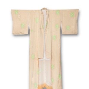 Vintage Silk Kimono Robe: Gold Yellow with Green Geometric Pattern