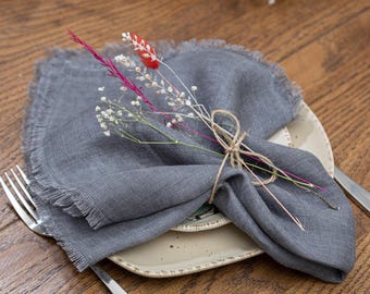 Gray Linen Napkins, Fringed Dinner Napkins, Set of 4
