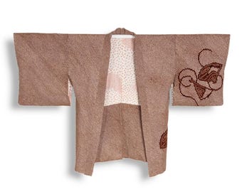 Vintage Japanese Kimono Haori: Authentic Chirimen Silk, Burgundy Lined Short Kimono