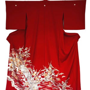 Vintage Red Silk Kimono: Cherry Blossom Design, Handmade in Japan