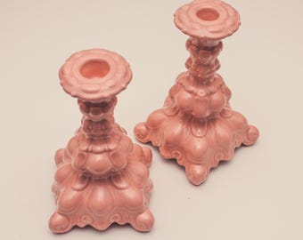 Holland Mold Co Pink Ornate French Rococo Candlestick Holders Pair