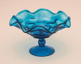 70s Vintage Ruffled Handkerchief-style Blue Glass Pedestal Compote Candy Dish Catchall