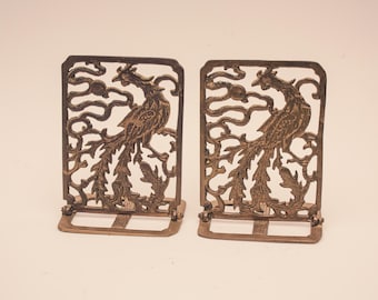 Vintage Folding Brass Bookends Engraved Phoenix Bird Motif