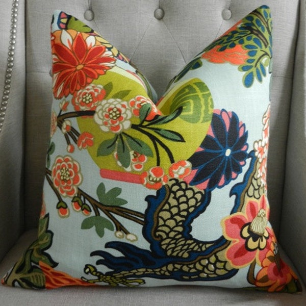 Decorative Designer  Pillow Cover - 20"X20" - Schumacher Chiang Mai Dragon in Aquamarine - Pattern on the front